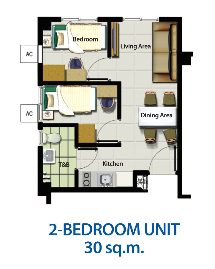 the floor plan for two bedroom unit in 30 sqm, with an open kitchen and living