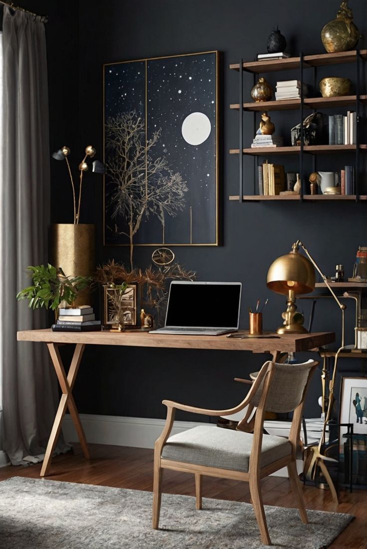 a desk with a laptop on it in front of a window and bookshelves