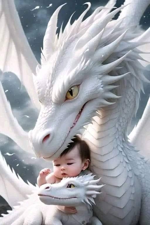 a baby is sitting next to a white dragon