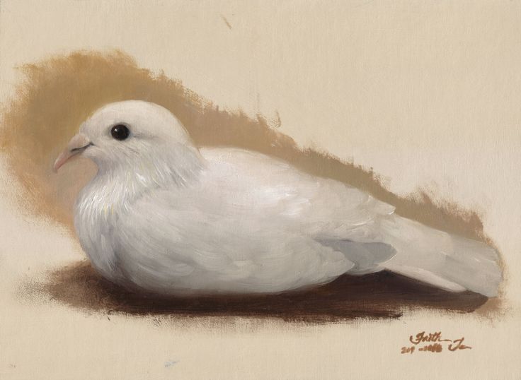 a painting of a white bird sitting on the ground in front of a beige background