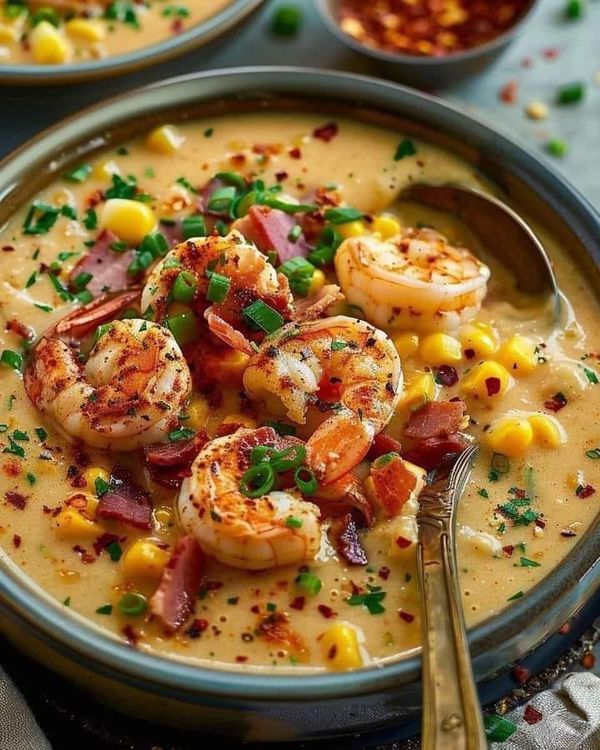 two bowls filled with shrimp and corn soup