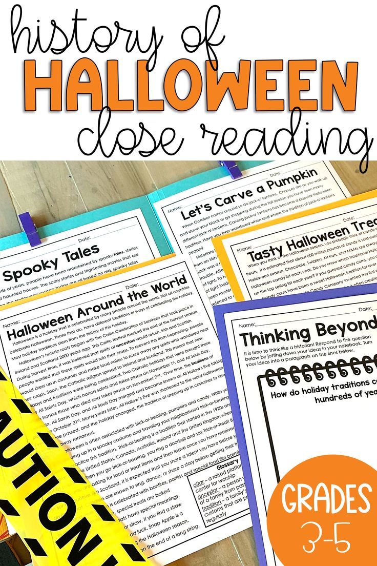 Halloween reading passages for upper elementary on a teacher's desk with Halloween decorations The History Of Halloween, Halloween Around The World, Halloween Reading Comprehension, History Of Halloween, Close Reading Strategies, Halloween History, Reader Response, Halloween Reading, Close Reading Passages