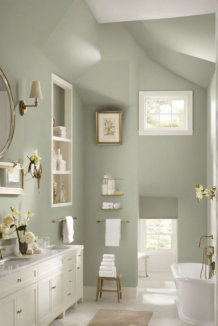 bathroom walls paint,room wall decor,painting design walls,bathroom interior design Light Green Walls Bathroom, Light Sage Bathroom Walls, Soft Green Bathroom Walls, Bathroom Paint Colors No Window, Light Green Bathroom Walls, Bathroom Green Walls, Light Green Bathroom Ideas, Light Green Paint Colors, Spa Paint Colors