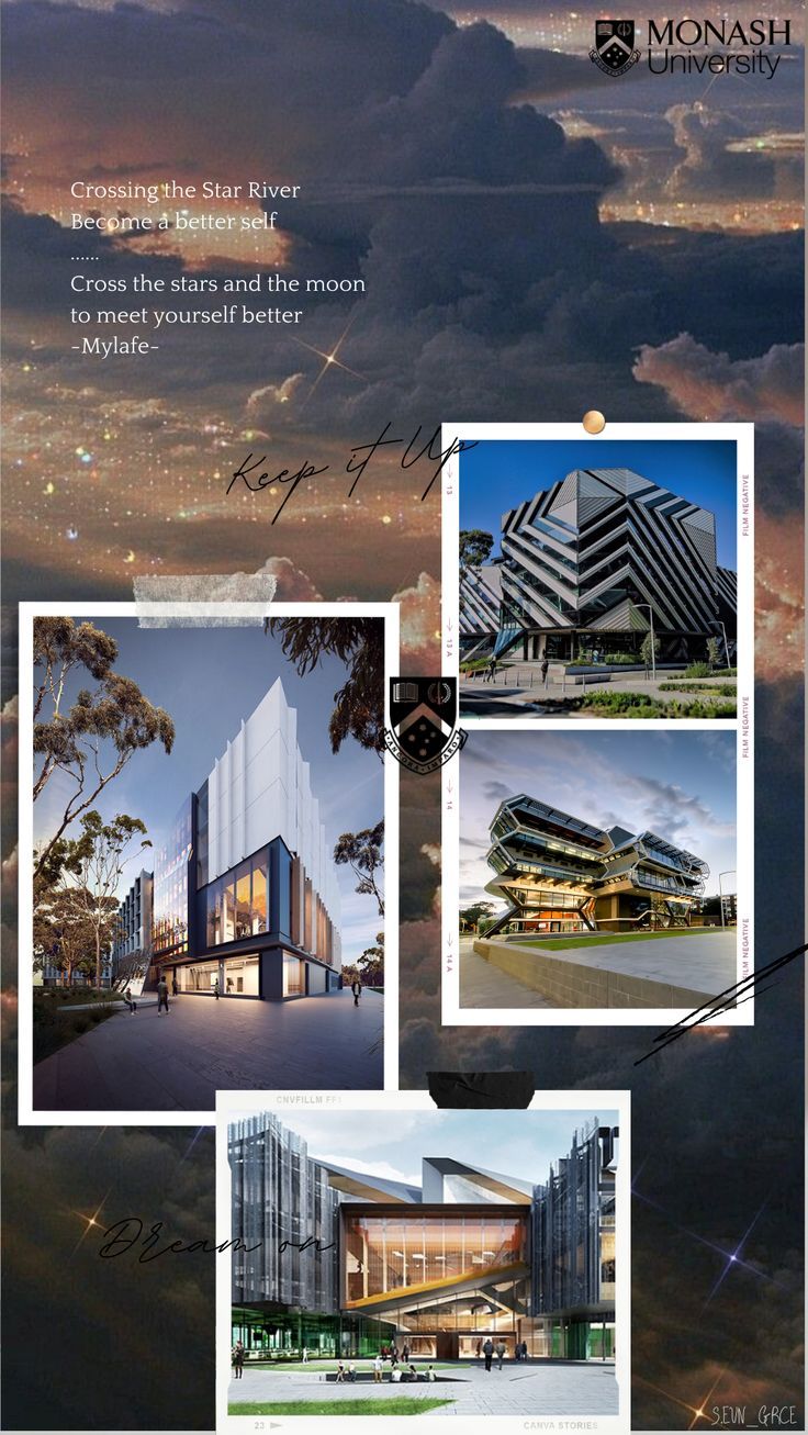 an advertisement for the monash university in australia, with images of buildings and trees