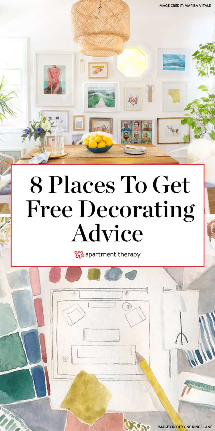 the front cover of 8 places to get free decorating advice, with pictures on the wall