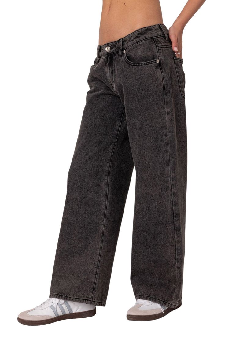 Low-slung jeans are crafted with puddling hems from nonstretch denim and turned to a faded dark wash. Zip fly with button closure Five-pocket style 100% cotton Machine wash, dry flat Imported Stonewashed Straight Leg Bottoms For Fall, Fall Stonewashed Straight Leg Bottoms, Fall Medium Wash Stonewashed Bottoms, Faded Stonewashed Bottoms For Fall, Edgy Washed Black Jeans, Fall Acid Wash Stonewashed Jeans, Grunge Denim Jeans For Fall, Fall Grunge Denim Jeans, Fall Grunge Washed Jeans