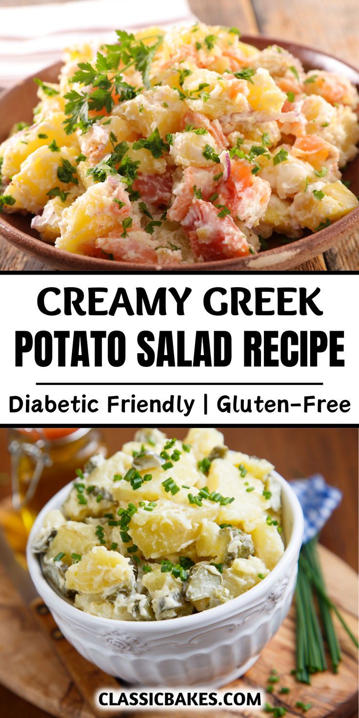 creamy greek potato salad recipe in a bowl