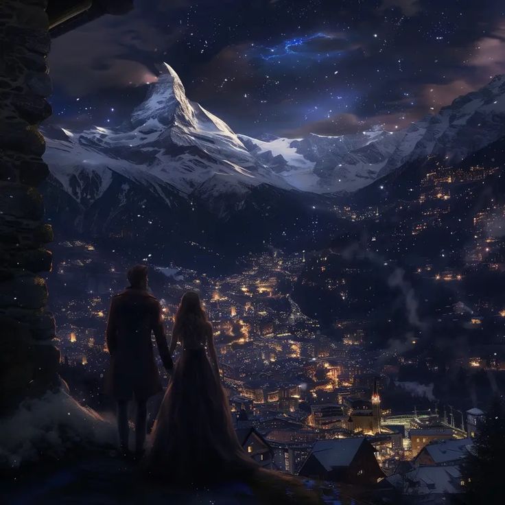 two people standing on top of a mountain looking at the night sky with mountains in the background