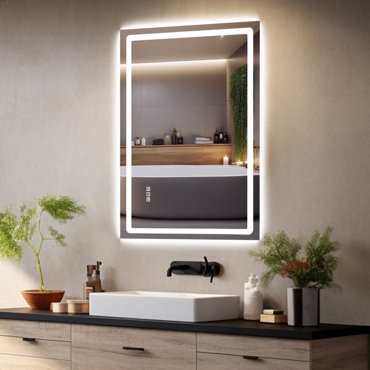 a bathroom with a sink, mirror and potted plants on the counter top in front of it