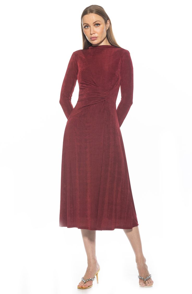 An elegantly draped funnel neck and gathered waist highlight a charming fit-and-flare dress constructed with comfortable stretch. 51 1/2" length Hidden back-zip closure Funnel neck Long sleeves Partially lined 97% polyester, 3% spandex Machine wash, line dry Imported Steve Madden Sneakers, Draped Midi Dresses, Funnel Neck, Jogger Sweatpants, Sweaters And Leggings, Short Suit, Comfortable Sandals, Comfortable Dress, Baby Size