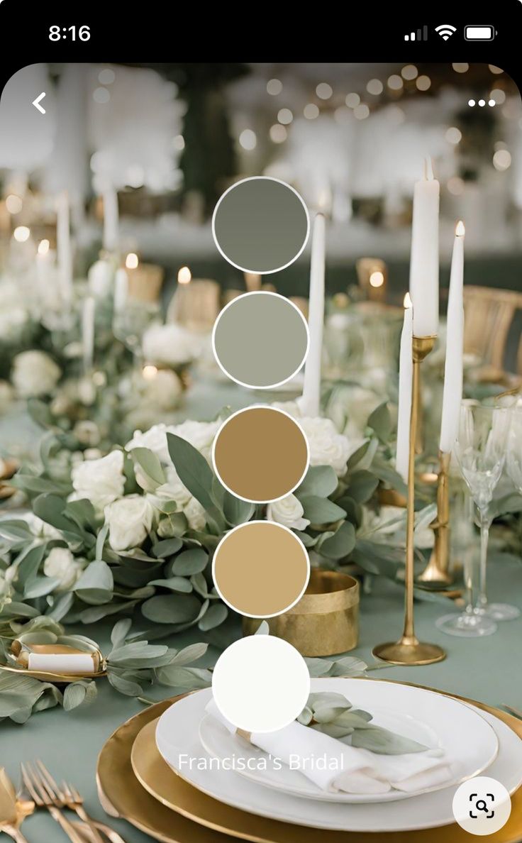 the table is set with candles, plates and flowers in shades of brown, beige, white and green