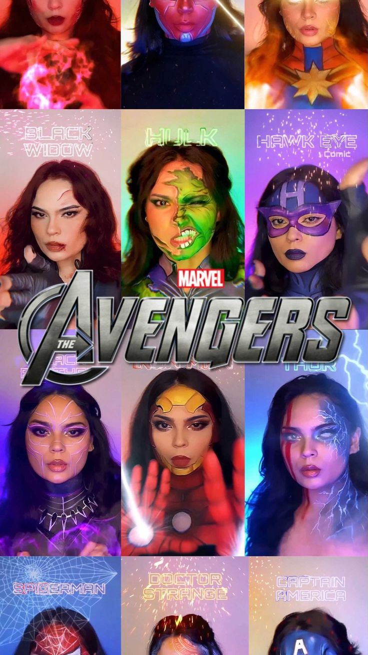 the avengers movie poster is shown with many different women and their faces in various colors