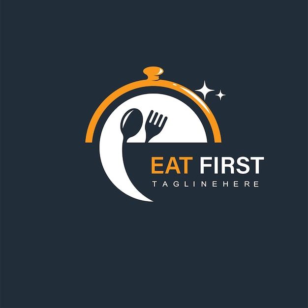 the eat first logo is shown with a fork and knife on top of a plate