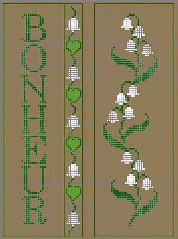 two cross stitch bookmarks with hearts and flowers on them, one has the word love written