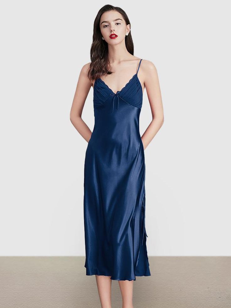 Color_Navy Satin Nightgown, Long Skirt Fashion, Silk Chemise, Sunflower Dress, High Neck Long Sleeve, Black Long Sleeve Dress, Nightgowns, Long Sleeve Shirt Dress, Embroidery Dress