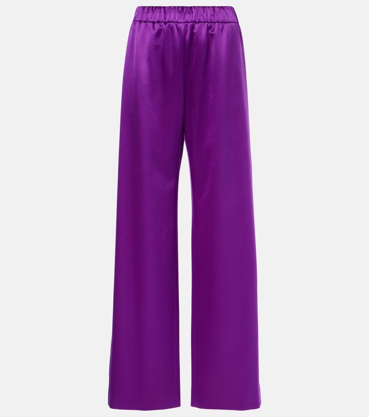 Silk satin wide-leg pants in purple - Valentino | Mytheresa Purple Satin Pants Outfit, Satin Pants Outfit, Satin Wide Leg Pants, Valentino Clothing, Purple Pants, Satin Pants, Purple Satin, Valentino Rockstud, Satin Shirt