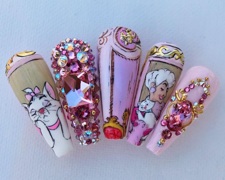 Little Mermaid Nails Designs, Vivxue Nails, Aristocats Nails, Sleeping Beauty Nails, Pixar Nails, Madame Adelaide, Colourful Acrylic Nails, Cartoon Nail Designs, Disney Inspired Nails