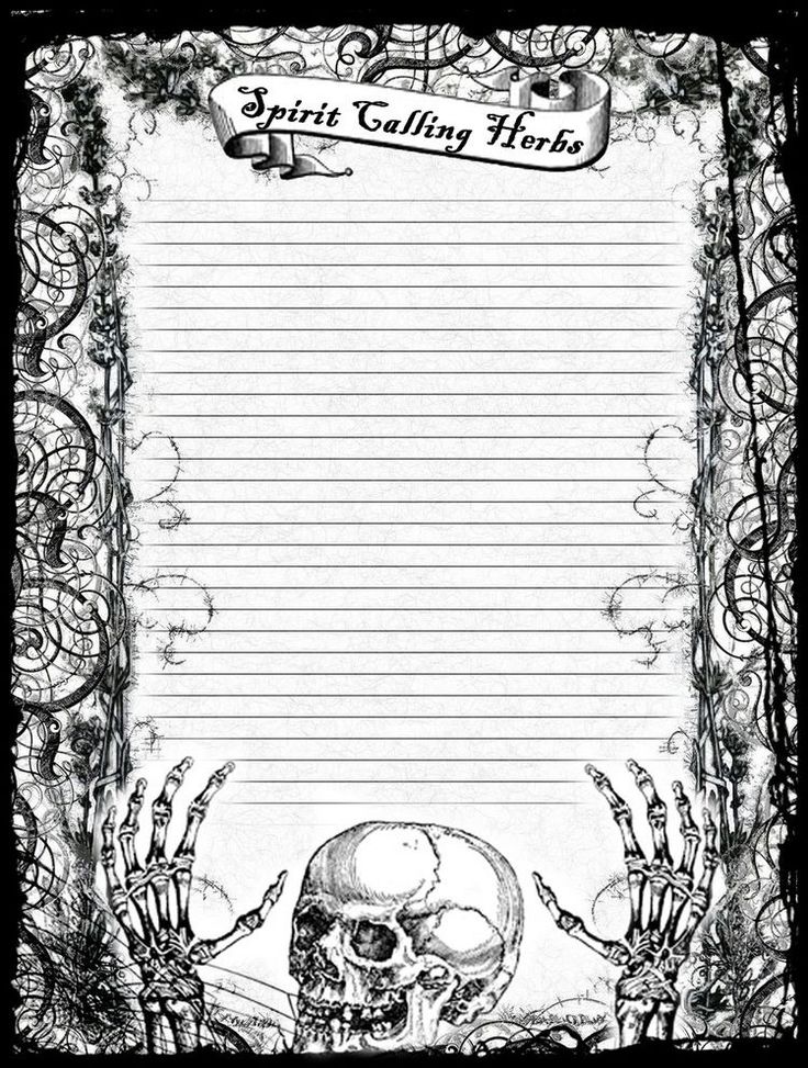 a skull and skeleton writing paper with the words spirit calling herbs written on it's side