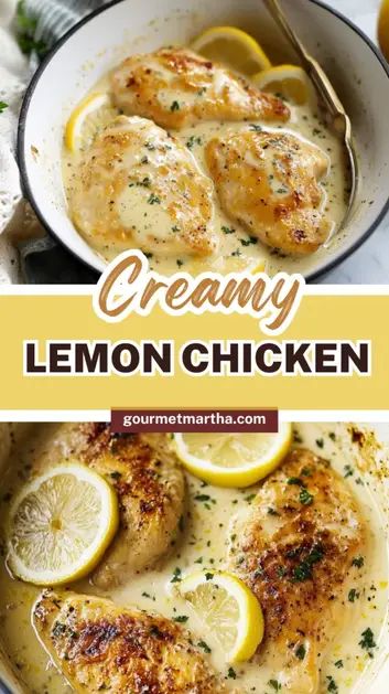 creamy lemon chicken in a skillet with lemons and parsley on the side