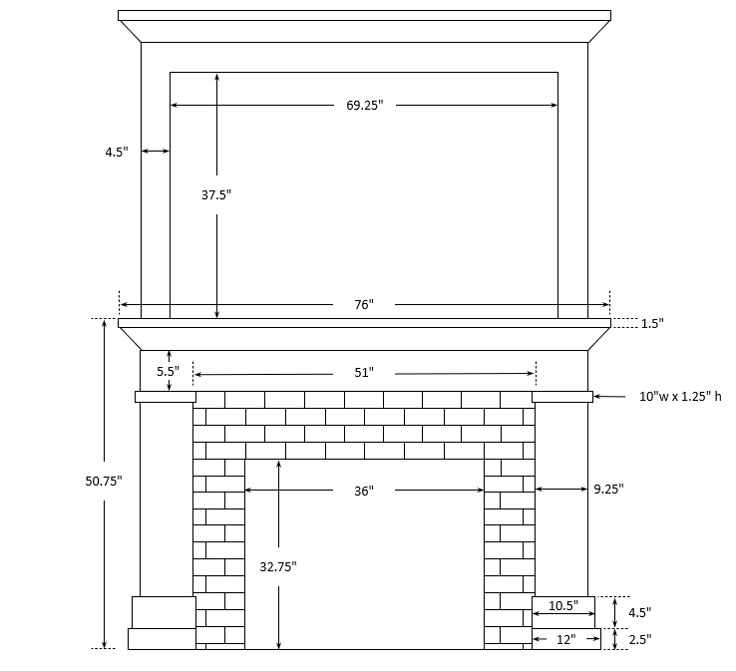 a drawing of a fireplace with measurements