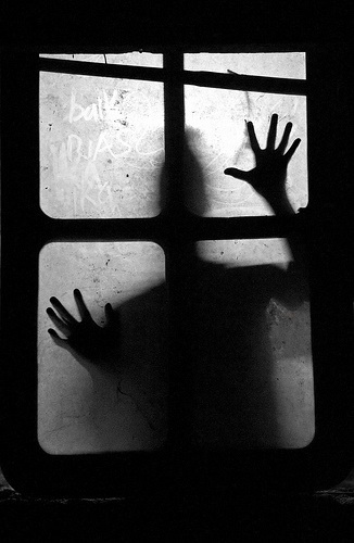 a person's hand is seen through the window