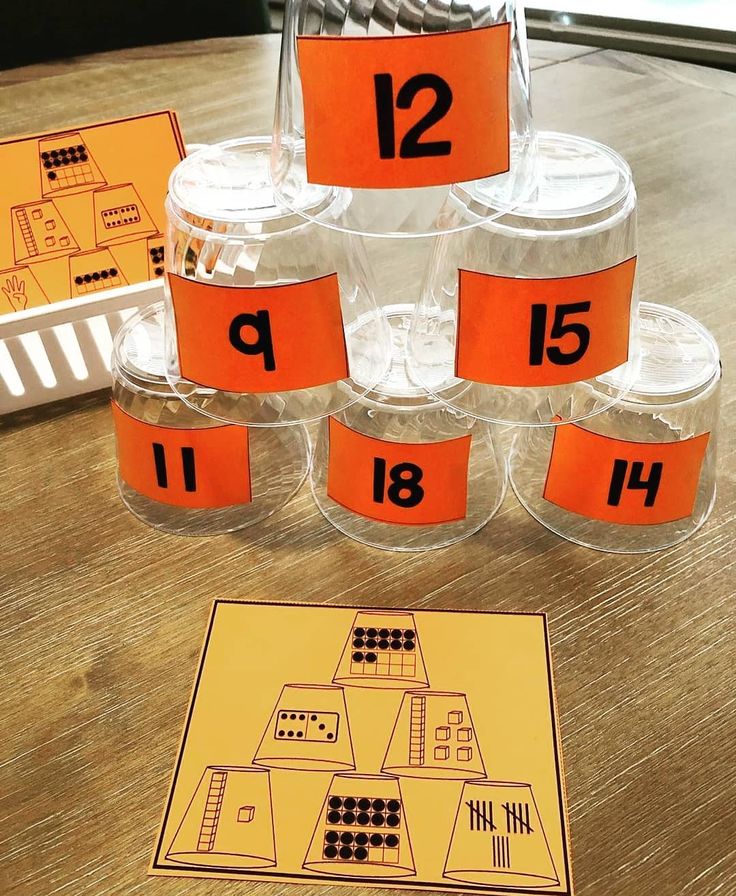 a table with cups and numbers on it