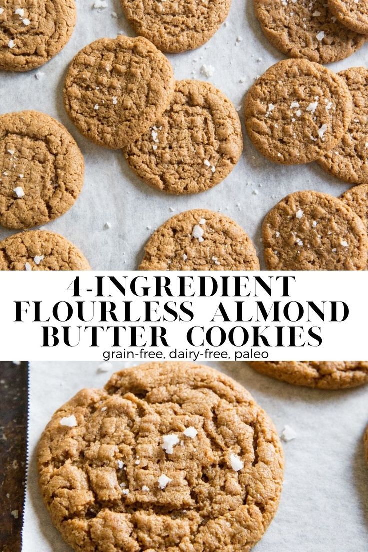 four ingredient flourless almond butter cookies on a baking sheet with the title above it