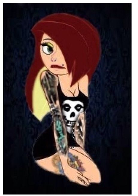 a woman with red hair holding a skull and crossbones on her arm in the dark