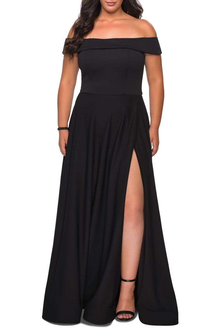 The answer to the promposal is an emphatic yes, please, which is exactly what to say to this gorgeous gown, styled to show off your shoulders and flaunt a leg. Style Name:La Femme Off The Shoulder Foldover Neckline Gown (Plus Size). Style Number: 5961757. Available in stores. Formal Gowns With Sleeves, Prom Dresses Open Back, Sukienki Maksi, Selena Dresses, Jersey Prom Dress, Prom Dresses Plus Size, Prom Dresses Plus, Trendy Plus Size Dresses, 25 Anniversary