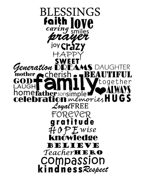 a cross made out of words that say family