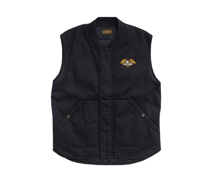 Insulated quilted canvas vest with taffeta lining Zip front with storm flap Patch pockets with logo snaps Dual interior pockets with key clip Embroidered Condor patch on chest Loser Machine snaps and embroidered patch branding 100% cotton and 100% poly lining Cotton Outerwear With Logo Patch For Work, Casual Quilted Cotton Vest, Black Cotton Utility Vest, Cotton Vest With Snap Buttons For Work, Cotton Sleeveless Vest With Snap Buttons, Sleeveless Cotton Vest With Snap Buttons, Sleeveless Cotton Outerwear With Snap Buttons, Black Cotton Vest For Work, Sleeveless Cotton Outerwear With Button Closure