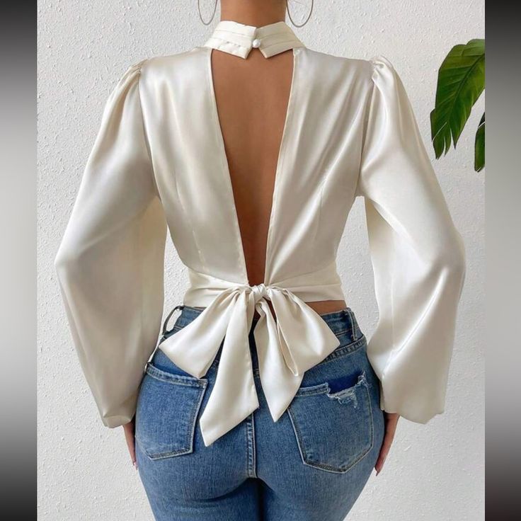 Super Cute And Stylish Ships In 5-10 Business Days Chic Non-stretch Blouse For Brunch, Chic Non-stretch Party Top, Non-stretch Tops For Spring Party, Elegant Fitted Tops For Brunch, Classy Blouses, Lantern Sleeve Top, Blouse Casual Fashion, Satin Crop Top, Backless Crop Top