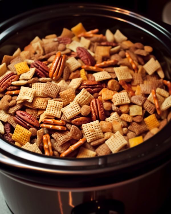 a crock pot filled with cheetos and nuts