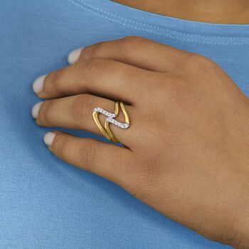 Ross-Simons - .25ct t. w. Diamond Double-Wave Ring in 18kt Gold Over Sterling. Size 6. This ring churns up gorgeous waves of polished 18kt yellow gold over sterling silver sparkling with .25 ct. t. w. round brilliant-cut diamonds in white rhodium. 3/4" wide. Diamond wave ring. Diamond birthstones are the perfect gift for April birthdays. Gold Rings With Single Cut Diamonds Modern Twist, Modern Twist Yellow Gold Jewelry With Cubic Zirconia, Modern Twist Yellow Gold Cubic Zirconia Jewelry, Modern Twist Yellow Gold Diamond Ring, Modern Twist Yellow Gold Round Cut Ring, Modern Twist Yellow Gold Rings With Round Cut, Gold Diamond Ring For Anniversary With Modern Twist, Modern Twist Gold Diamond Ring For Anniversary, Modern Twist Diamond Ring In Gold