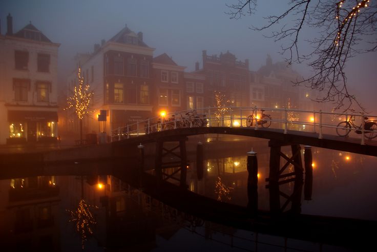 a bridge that is over some water with lights on it