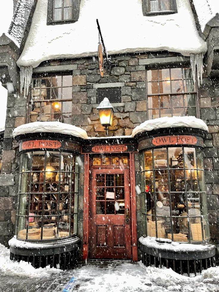 a store front covered in snow with lots of windows