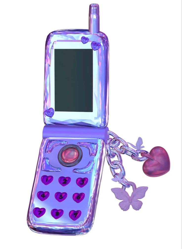 a purple cell phone with hearts attached to it's front and back sides, sitting on a chain