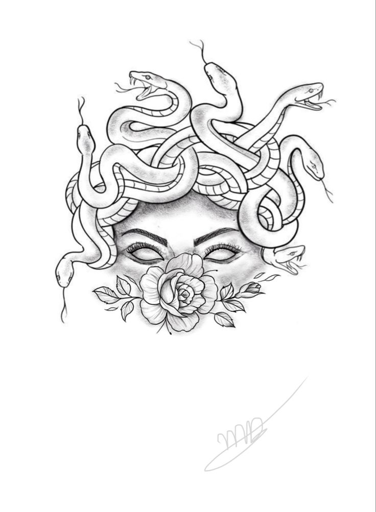 a drawing of a woman's face with snakes on her head and flowers in her hair