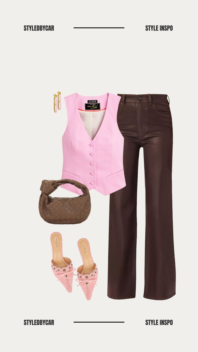 Pink And Chocolate Outfit, Virtual Outfit Ideas, Rose Top Outfit, Outfits Con Rosa, Pink And Brown Outfits, Pink Brown Outfit, Blue Prom Suits For Guys, Pink Bag Outfit, Pink And Brown Outfit