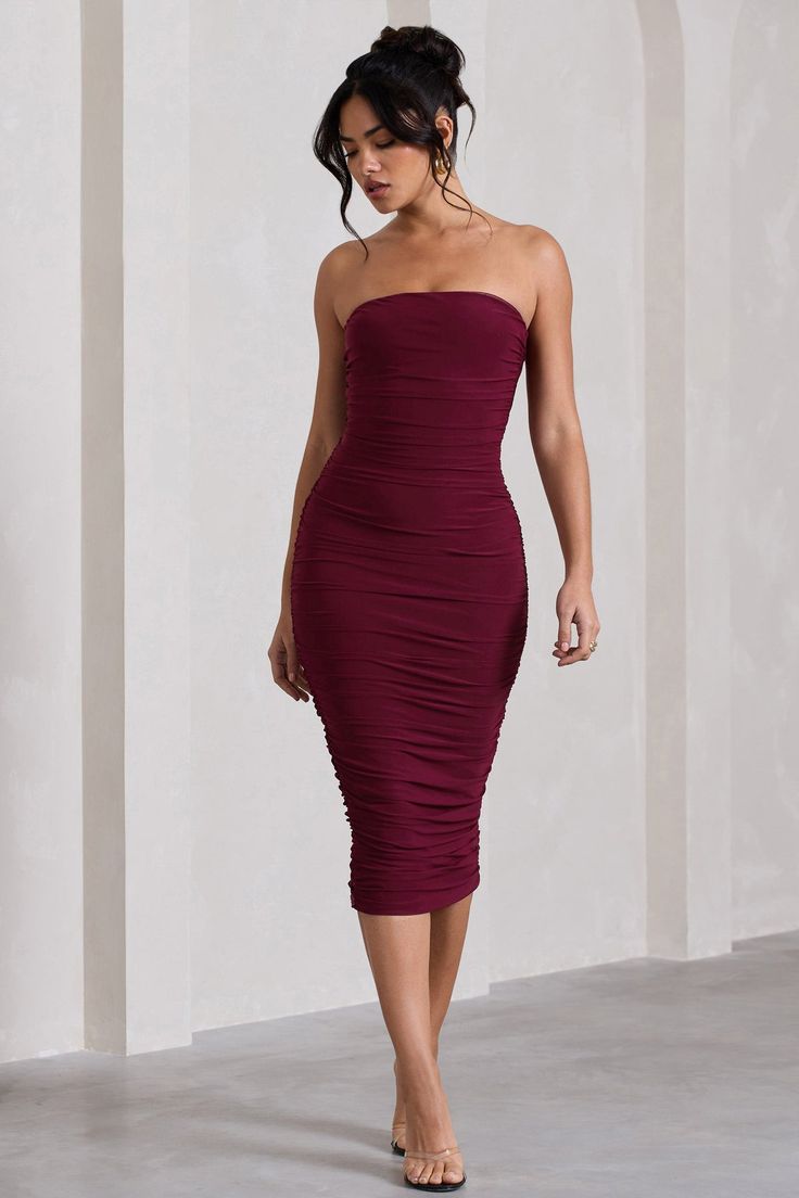 Burgundy Bodycon Dress, Midi Bridesmaid Dress, Mesh Midi Dress, Calf Length Skirts, Designer Midi Dresses, Strapless Bandeau, Maxi Dress Prom, Girl A, Invisible Zip