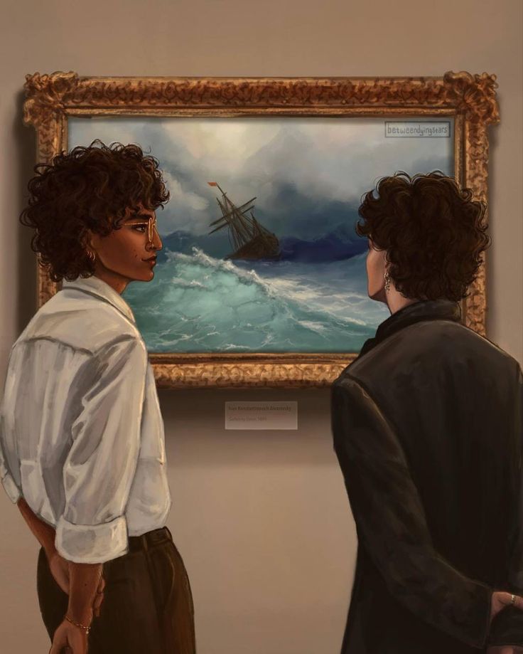 two people standing in front of a painting with a ship on the water behind them