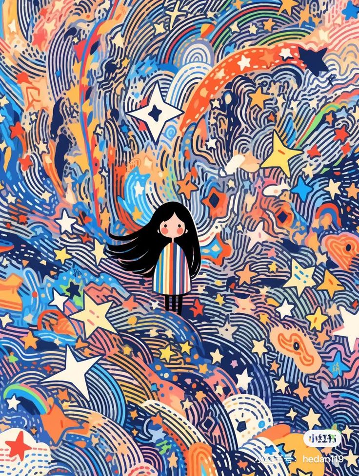 a girl with long black hair standing in front of stars and swirls