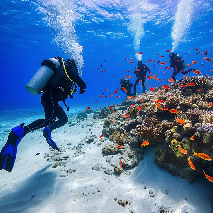 two people scubang over a coral reef with school of tropical fish in the background