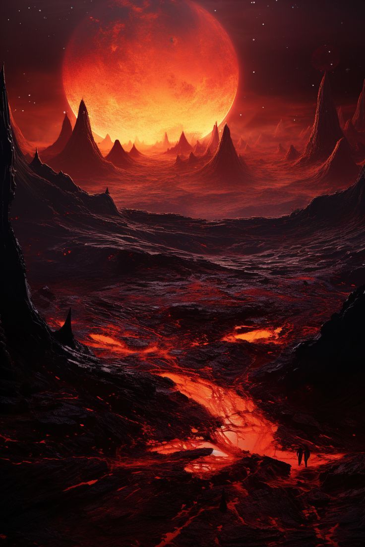 an alien landscape with mountains and water in the foreground, red light at the far end