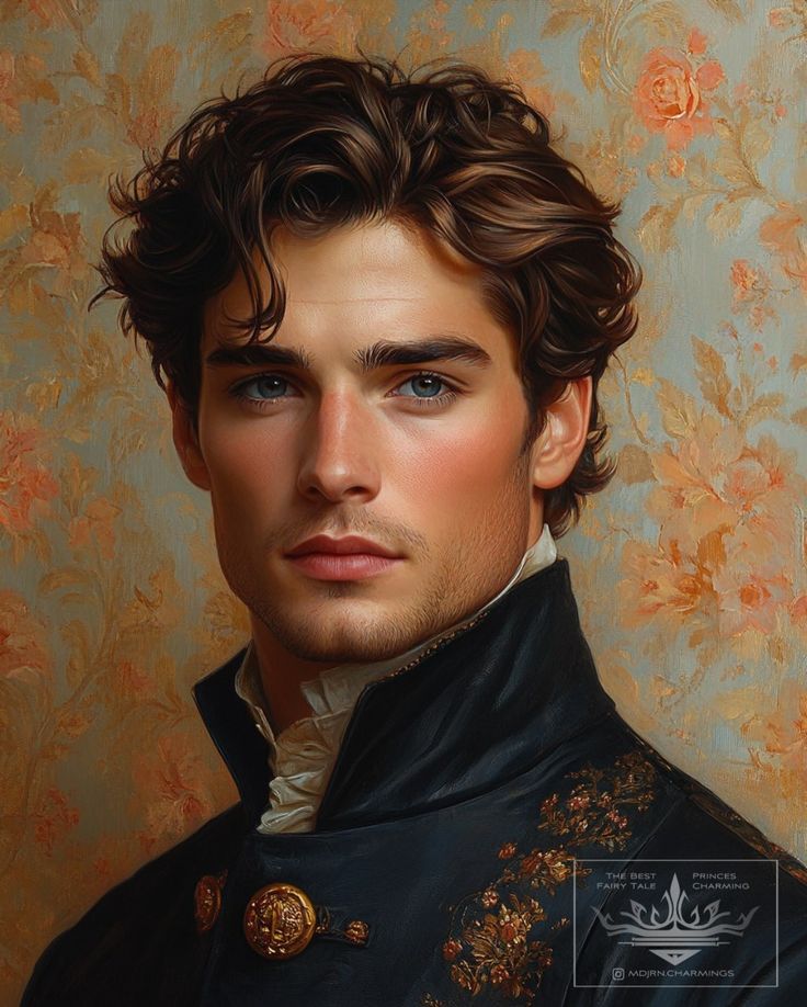 a painting of a young man with blue eyes and curly hair wearing a black coat