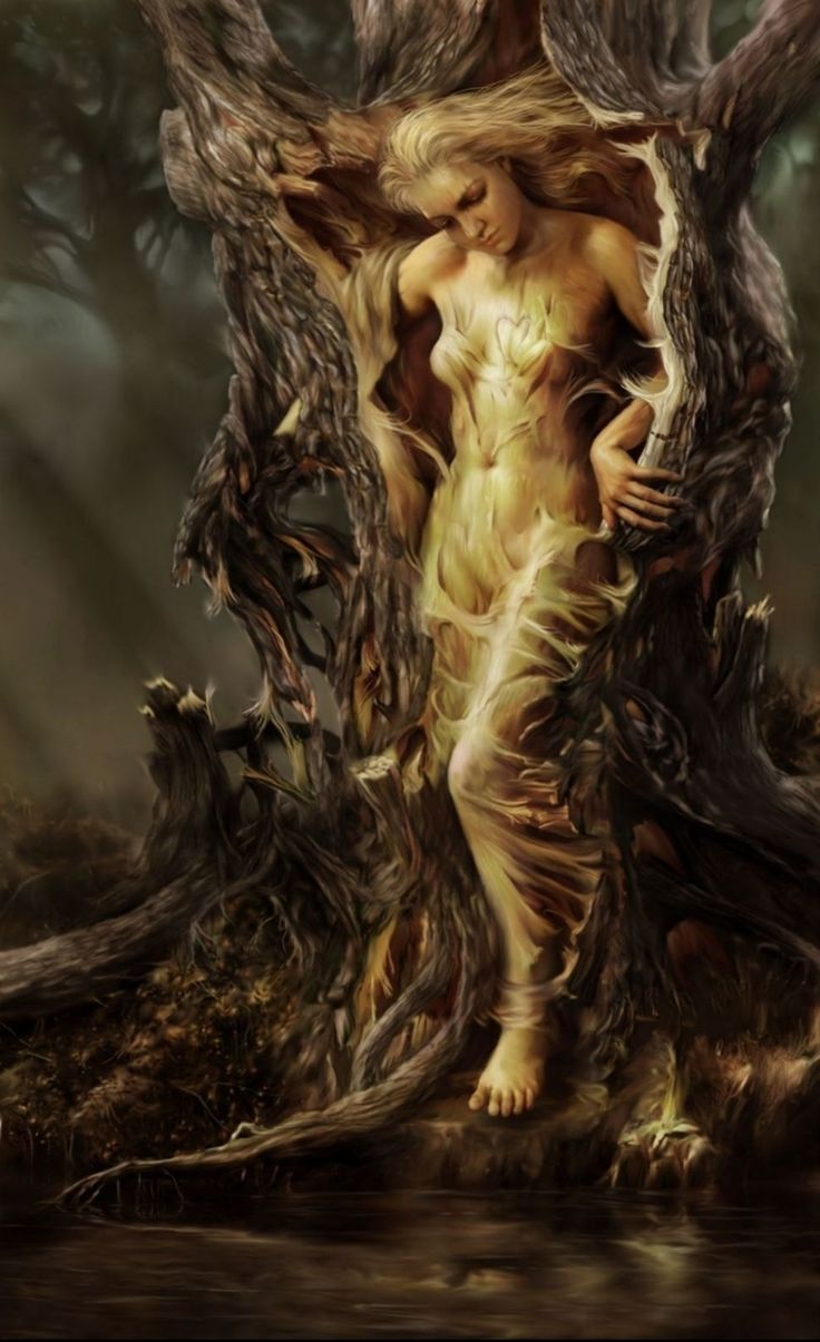 a painting of a woman standing in the woods with her hands on her hips and arms behind her back