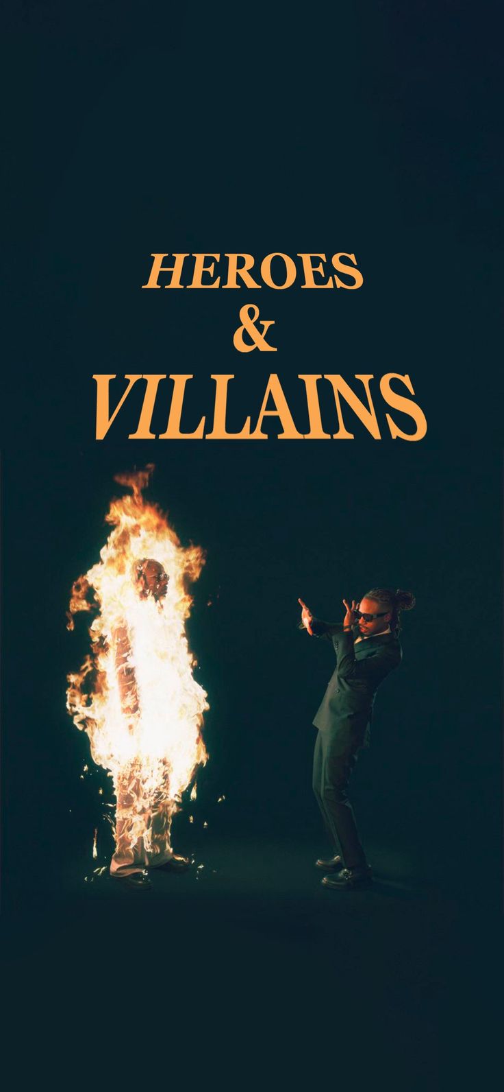 two people standing in front of a fire with the words hero's and villain's on it