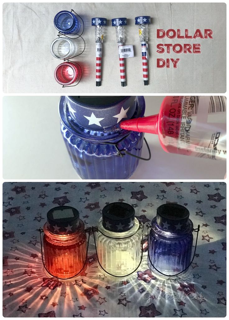 three jars with different items in them sitting on top of a table next to the words dollar store diy