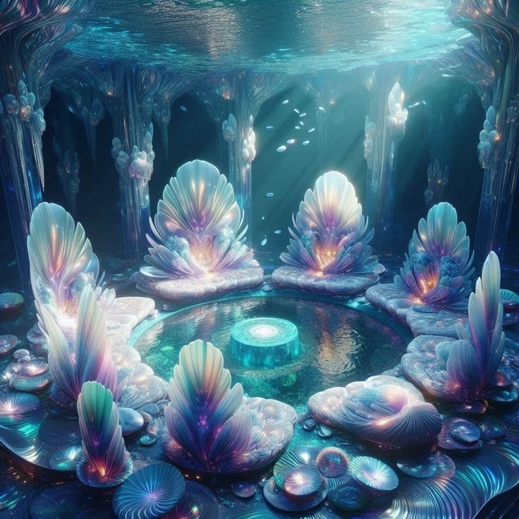 an underwater scene is shown in this artistic photo, with blue and purple petals on the water