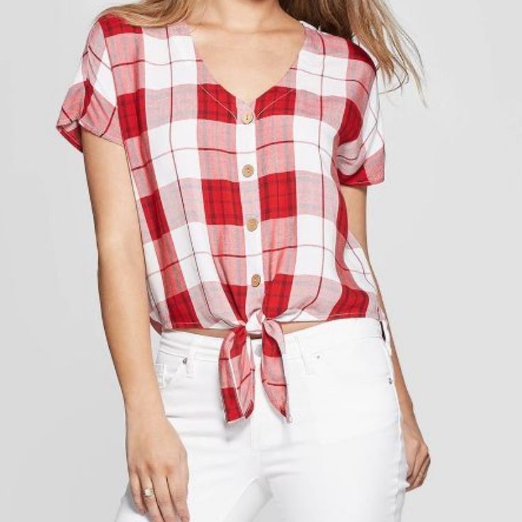 Size Medium New Without Tags Ties In Front Super Cute Casual Plaid Summer Tops, Casual Summer Plaid Tops, Trendy Plaid V-neck Top, Casual Plaid Button-up Tops, Plaid Short Sleeve Top For Summer, Spring Plaid Relaxed Fit Tops, Plaid Relaxed Fit Tops For Spring, Casual Red Tops For Day Out, Red Button-up Summer Top